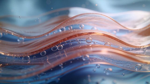 Abstract copper peptides molecular wave. Science and skincare technology concept. 3D animation of fluid rose gold and blue waves with bubbles.  