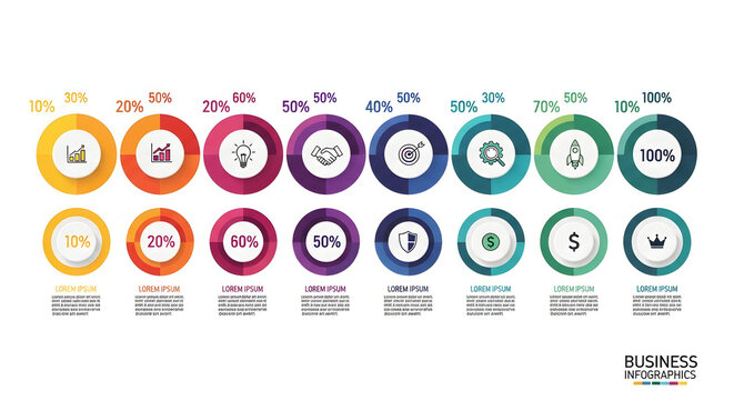 Colorful percentage progress circles with growth statistics and financial data infographic