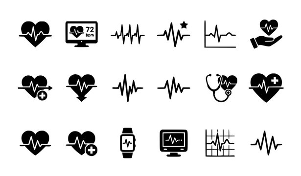 Heartbeat cardiogram vector icon set with ECG pulse line medical symbols