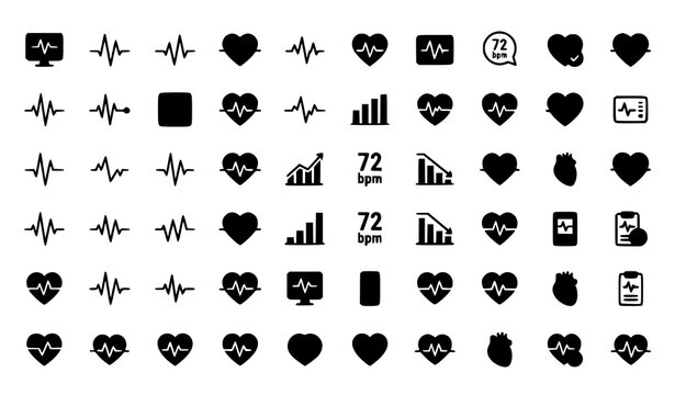 Minimal heartbeat cardiogram vector illustration set with medical pulse line icons