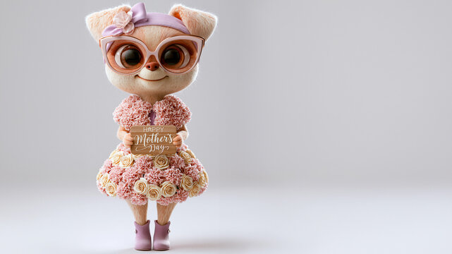 Eine niedliche 3D-animierte Katzenfigur in einem Blumenkleid und mit Brille h&auml;lt ein Schild mit der Aufschrift &bdquo;Happy Mother's Day" vor einem hellen Hintergrund
