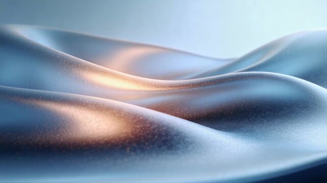 Abstract copper peptides fluid waves. Metallic shimmering surface with blue and gold highlights. Science and skincare concept. 3D animation of flowing liquid metal