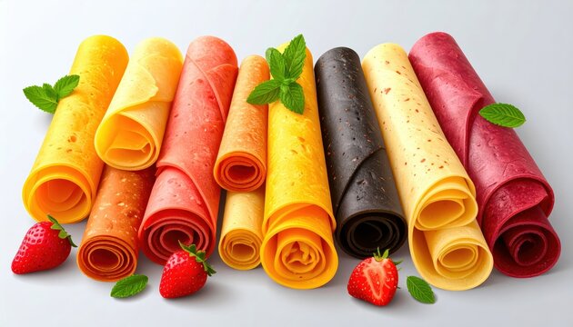Assorted fruit leather sheets rolled neatly with fresh strawberries and mint, a vibrant collection of sweet snacks
