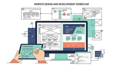 Fototapeta premium Website design and development workflow process on computer screen with hands