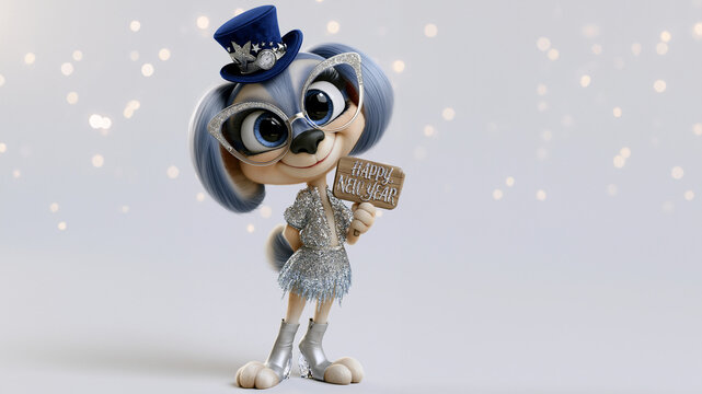 Eine animierte 3D-Fuchsfigur in silbernem Outfit und Hut h&auml;lt ein Schild mit der Aufschrift &bdquo;Happy New Year" vor einem glitzernden Hintergrund.