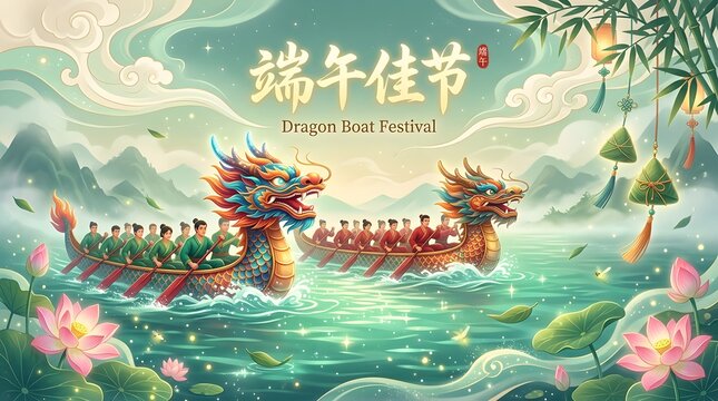 Dragon Boat Festival Illustration With Boats Lanterns And Lotus Flowers