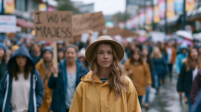 Marchers moving along a rain-soaked city street during International Womens Day, handmade signs held overhead, expressions determined and proud, puddles reflecting the dense