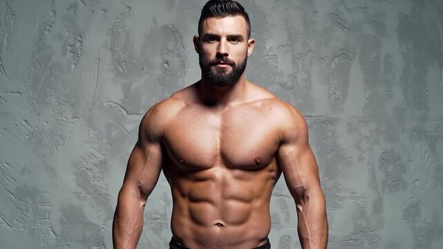 Muscular shirtless man with beard posing against a textured gray wall showing abdominal and chest muscle definition