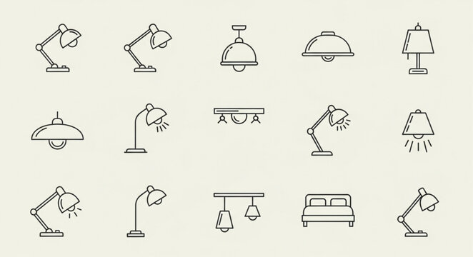 Various desk lamps on tables and shelves in a room interior