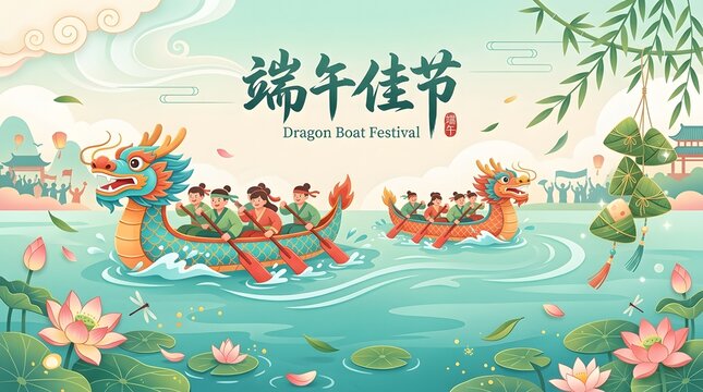 Dragon Boat Festival Illustration With Pagoda And Lotus Flowers