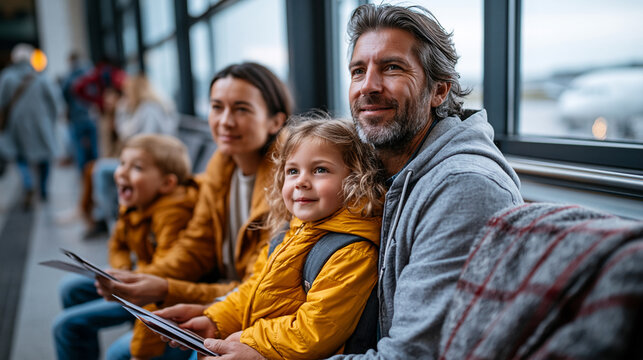 Ultra-premium travel lifestyle photography, modern family of four queuing at a bright airport departure gate, father holding boarding passes with a calm smile, mother kneeling to a