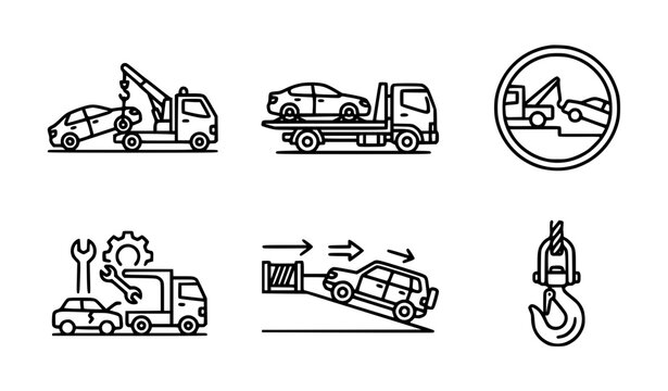 Tow Truck and Car Towing Line Art Vector Icon Set with Vehicle Recovery and Evacuation Signs

