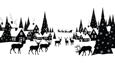 Winter landscape with reindeer and santa sleigh silhouette © AfiaIslam