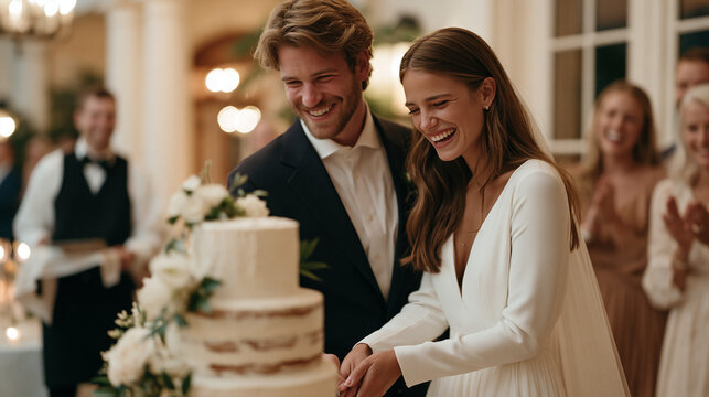 Wedding couple laughing together while cutting a multi-tiered cake decorated with fresh florals at the reception, guests nearby clapping, the caterer standing ready, the joyful
