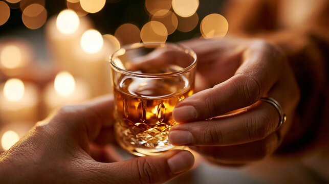 Zwei H&auml;nde sto&szlig;en mit kleinen Gl&auml;sern voll goldenem Whisky vor warmem Kerzenlicht an.