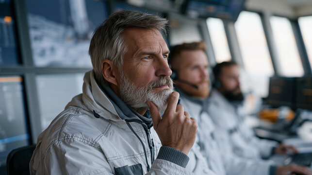 Launch operations crew watches reusable rocket first stage perform precision landing on drone ship via large monitor wall, one older engineer has hand over mouth in awe,
