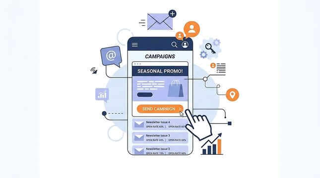 A colorful illustration of a mobile phone with email marketing campaign on screen