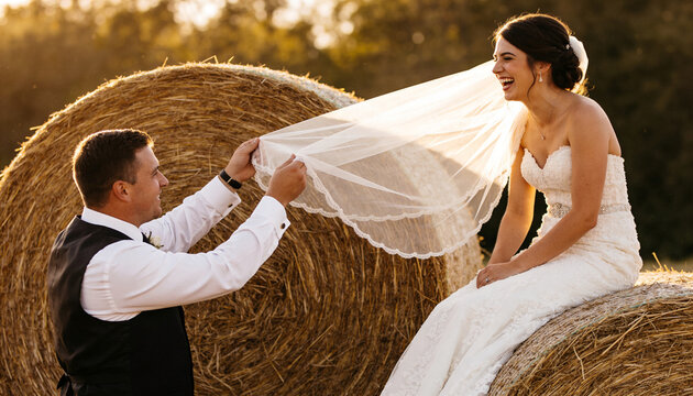 Newlywed bride and groom at a rustic farm wedding. Groom holding up the bride's veil while she sits on a hay bale laughing. Golden hour lighting in a rural field