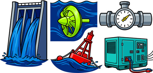 Hydroelectric Dam and Tidal Energy Generation Set with Water Turbine Industrial Generator Pressure Gauge and Floating Buoy Infrastructure Vector Illustration © monoara