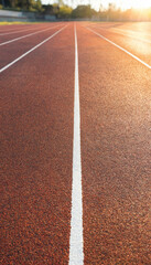 Fototapeta premium Running track lane surface with white markings lit by warm sunset light athletic exercise competition activity training sportswear marathon wellness challenge movement endurance