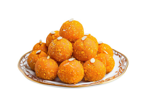 Plate of traditional indian sweet laddu isolated on transparent background for festival.