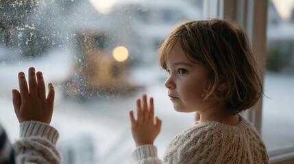 Naklejka premium Young child pressing both palms against a frost-covered window watching first snowfall, forehead touching the glass, breath visible as condensation, a snowplow moving slowly along