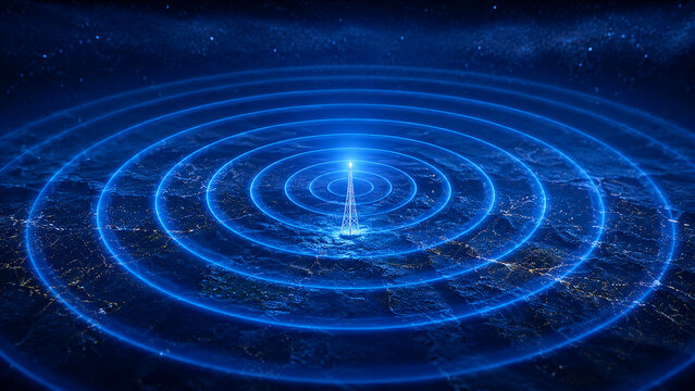 Blue Radio Wave Signal Rings Over Dark Digital Background