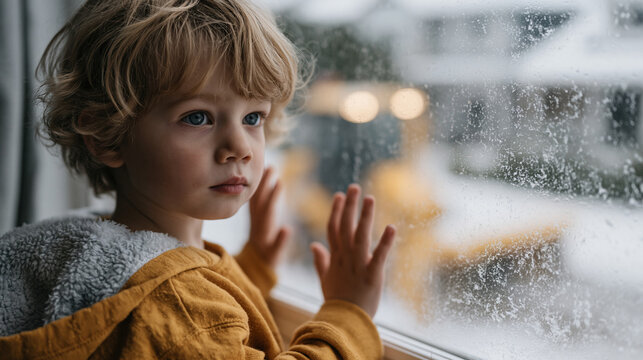 Young child pressing both palms against a frost-covered window watching first snowfall, forehead touching the glass, breath visible as condensation, a snowplow moving slowly along