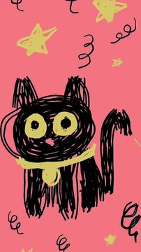 Vertical Video Backgrounds featuring Abstract Animation of Hand Drawn Black Cat with Yellow Stars on Pink Backdrop