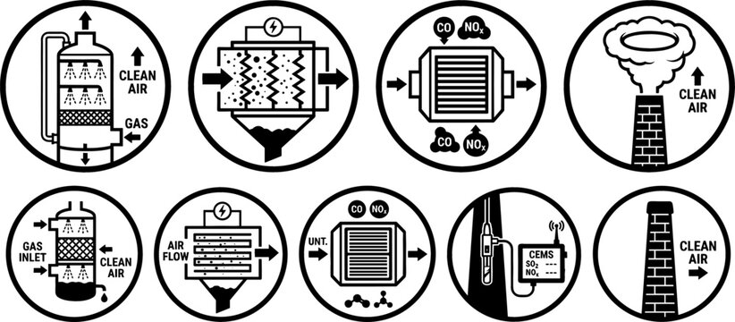 Industrial Air Pollution Control and Emission Purification System Icon Set with Gas Scrubber Precipitator Catalytic Converter and CEMS Monitoring Stack Outline Vectors
