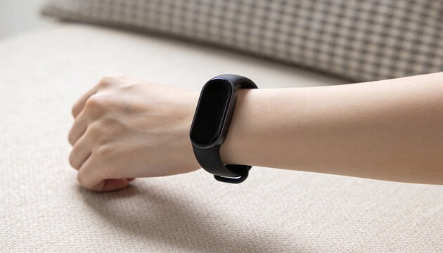 Close up of a black fitness tracker on a person's wrist. Wearable technology for health and activity monitoring. Smartwatch with silicone band on neutral background