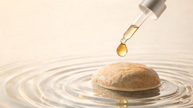 Golden cosmetic oil droplet falling from glass dropper onto smooth wet stone pedestal with water ripple in studio