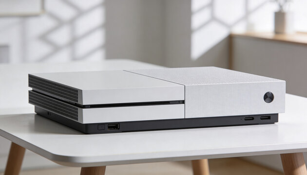 White video game console on a minimalist table. Modern gaming hardware in a bright room with natural light. Home entertainment system and electronic device concept