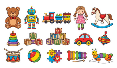 Naklejka premium Classic Children Toys Collection with Teddy Bear Robot Train Doll and Rocking Horse Vector Set