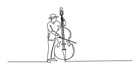 Continuous single line drawing of a man playing a large upright bass musical instrument with a bow in a simple minimalist art style for music performance art Vector, illustration © Raj Creator