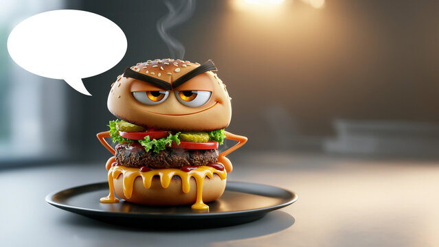 Animierter w&uuml;tend dreinschauender Cartoon-Burger mit Sprechblase auf einem dunklen Teller vor verschwommenem Hintergrund.
