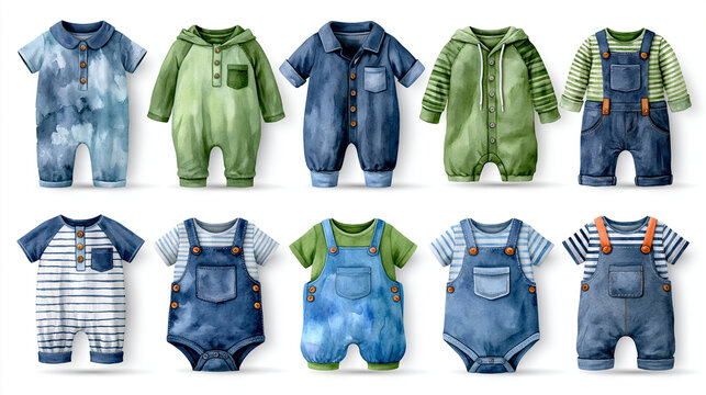 Baby boy clothing set Set of twelve different baby boy outfits, each individually separated in a grid, including rompers and overalls, watercolor illustration, isolated on white ba