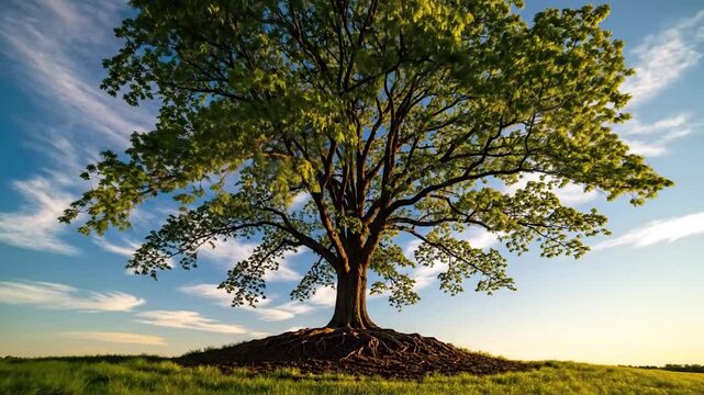 Old oak tree with sprawling green branches standing on a grassy hill under a clear blue sky with golden sunlight
