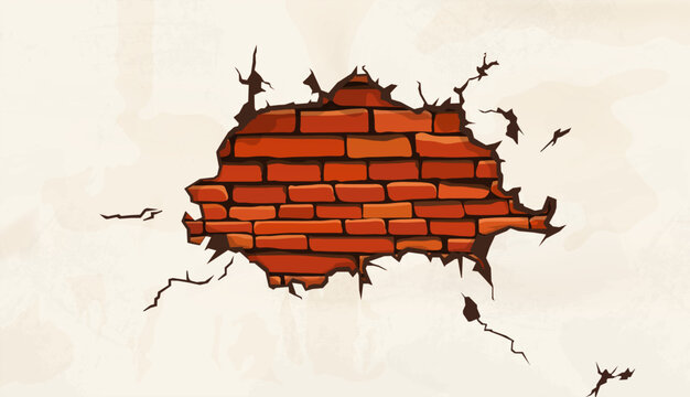 Cracked plaster cement wall with a hole showing hidden red brick layer underneath. Vector illustration.