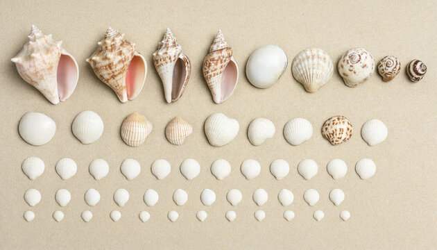Collection of various sea shells arranged by size and type on textured beach sand with seashells collection assorted seashell beachcombing seashore textures arrangement vacation