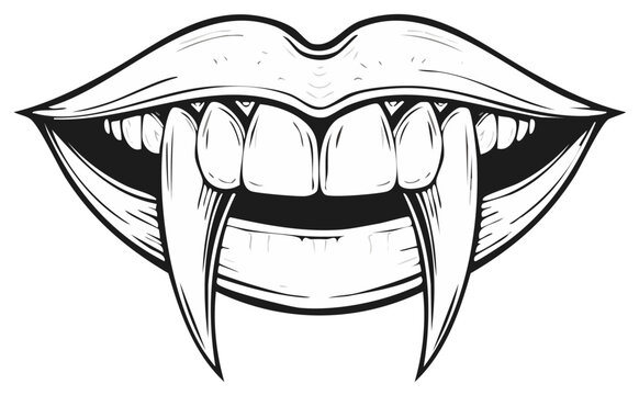 Detailed engraving of vampire mouth with elongated fangs isolated on a solid background, sinister depiction of undead.