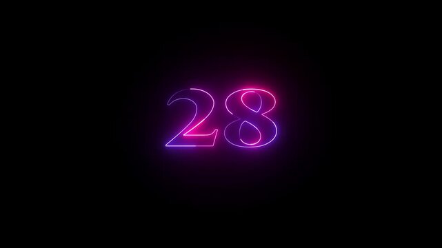 28 number neon bright glowing animation on black background 4k video.