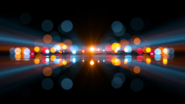 Unscharfe bunte Bokeh-Lichtkreise in Orange, Blau und Wei&szlig; spiegeln sich auf einer dunklen Oberfl&auml;che.