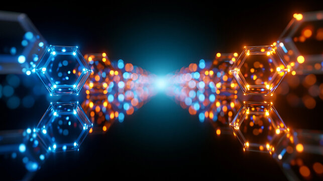 Leuchtende sechseckige Strukturen in Blau und Orange verbinden sich zu einem symmetrischen Netzwerk auf dunklem Hintergrund.