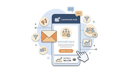 Fototapeta premium A campaign hub on a smartphone with various marketing icons around it