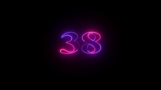 38 number neon bright glowing animation on black background 4k video.
