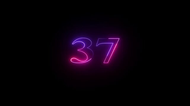 37 number neon bright glowing animation on black background 4k video.