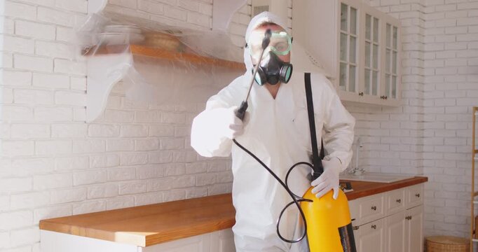Exterminator with sprayer working to eliminate cockroaches and ants in home kitchen. Professional pest control technician in protective suit spraying countertop with chemical insecticide for insects