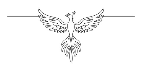 Obraz premium Phoenix bird continuous line drawing of a mythical creature with large spread wings flying in a simple minimalist style for a modern logo or icon design Vector, illustration