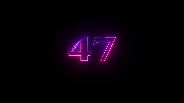 47 number neon bright glowing animation on black background 4k video.